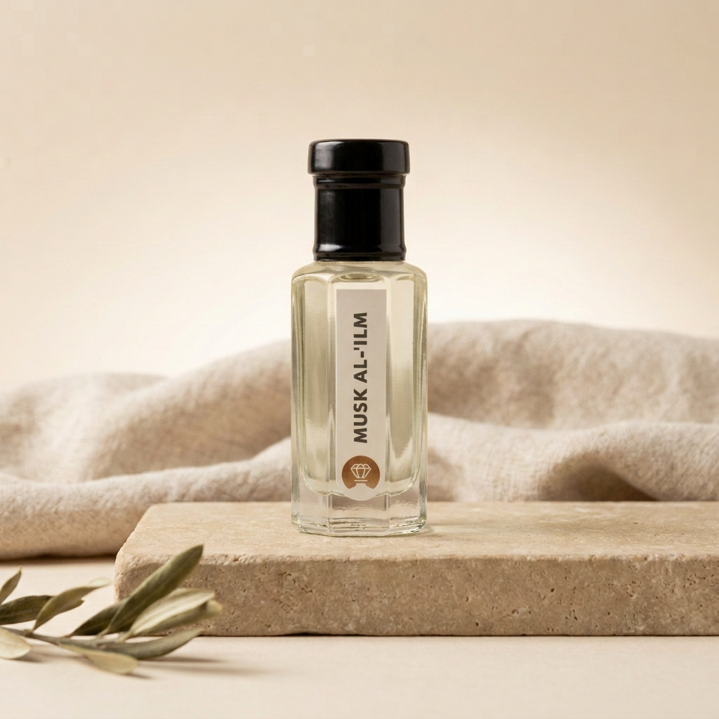 Musk al ’ilm by Ibn Arabi 6ml attar bottle, front view on a stone display.