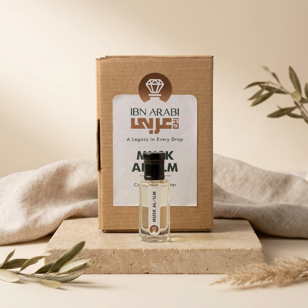 Musk al ’ilm by Ibn Arabi 6ml attar bottle beside its labelled packaging box.