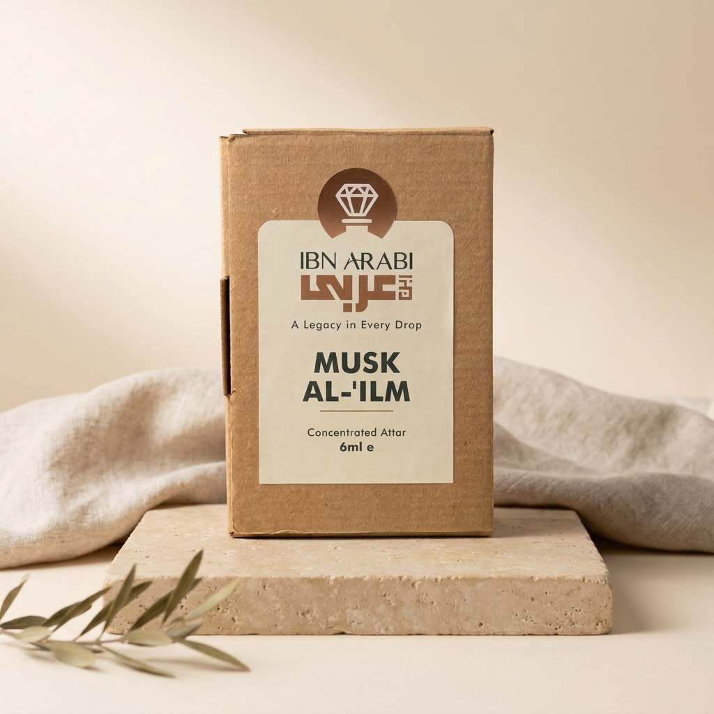 Musk al ’ilm by Ibn Arabi 6ml attar packaging box, front view.