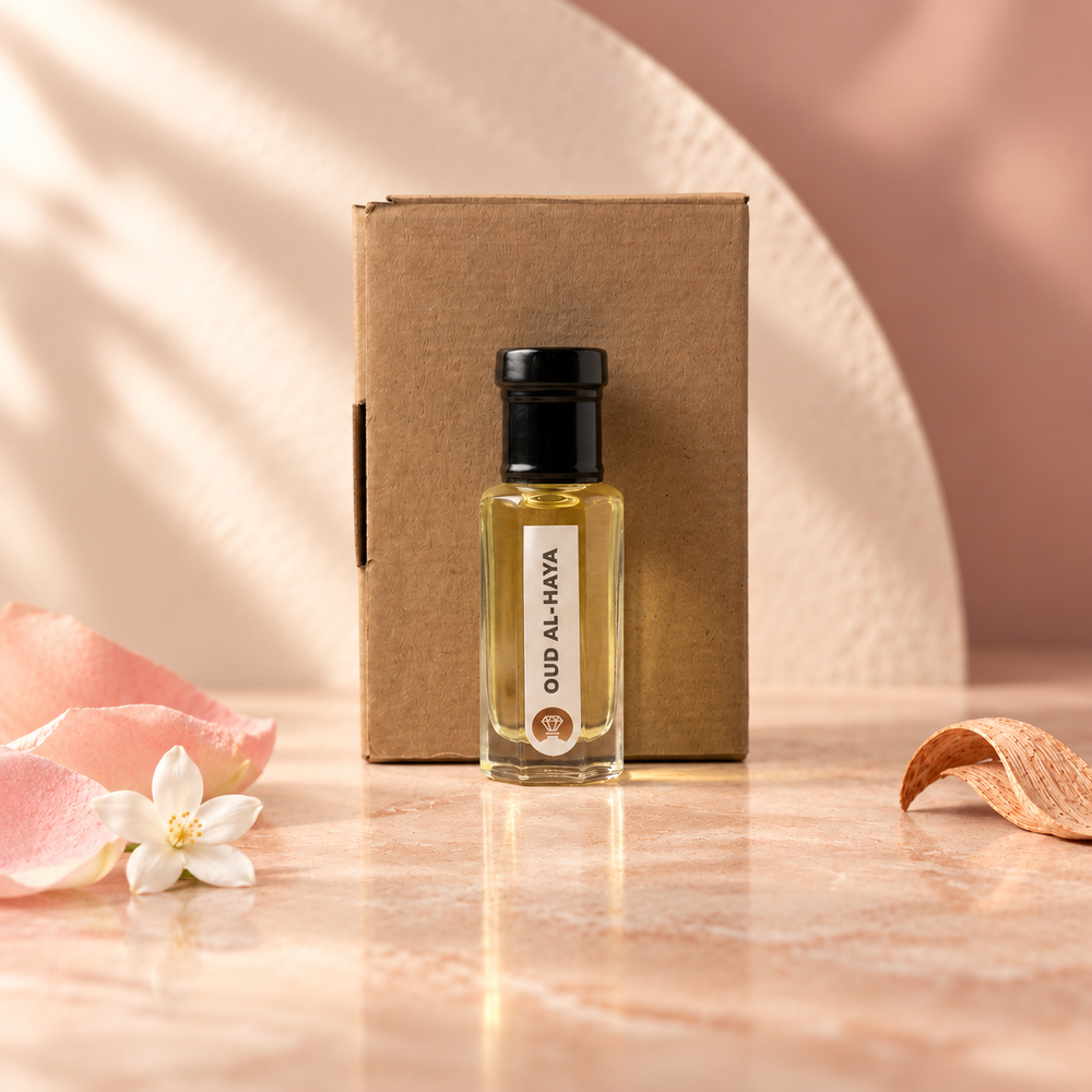 Oud al Haya by Ibn Arabi 6ml attar bottle beside its labelled packaging box.