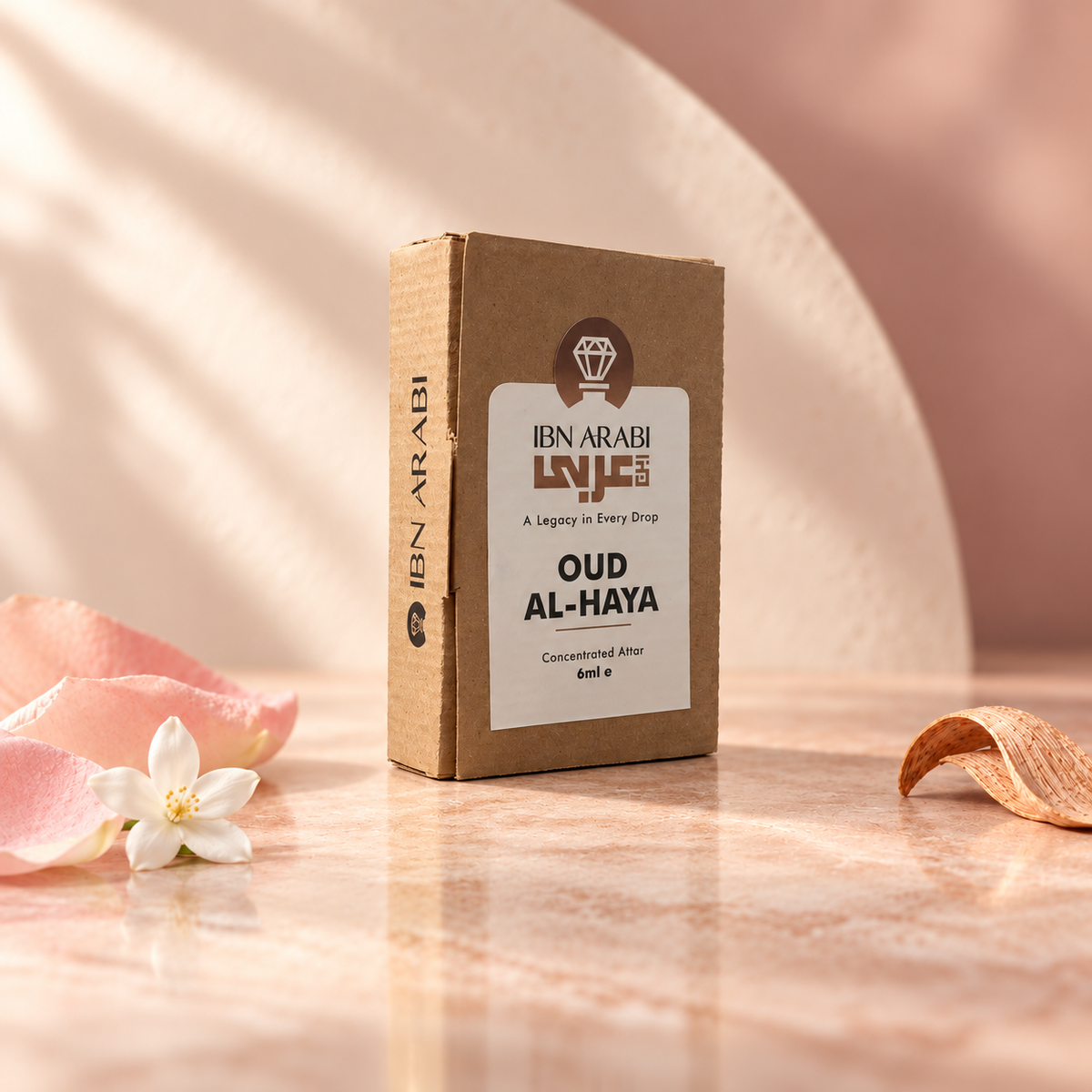 Oud al Haya by Ibn Arabi 6ml attar packaging box, angled view.