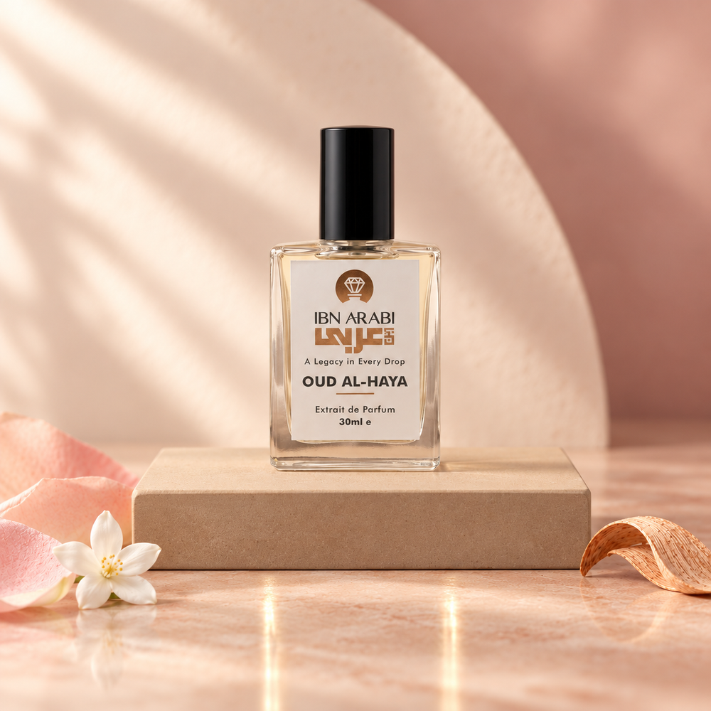 Oud al Haya by Ibn Arabi 30ml perfume bottle, front view in the rose-lit ivory studio setting.