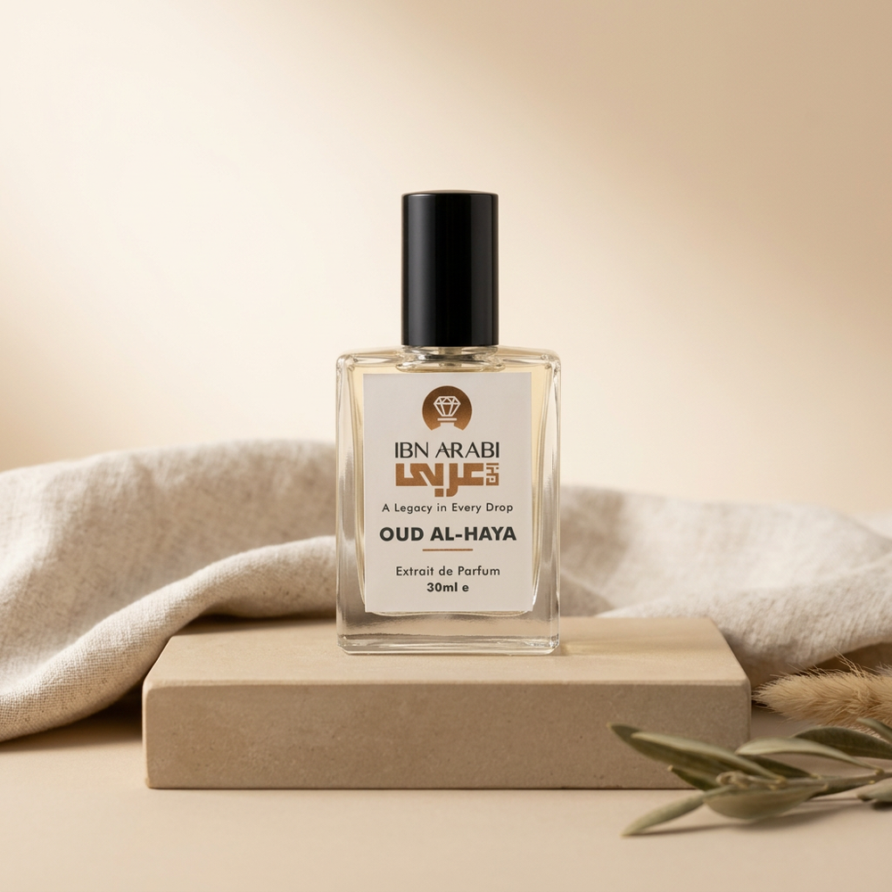 Oud al Haya by Ibn Arabi 30ml perfume bottle, front view on a stone display.
