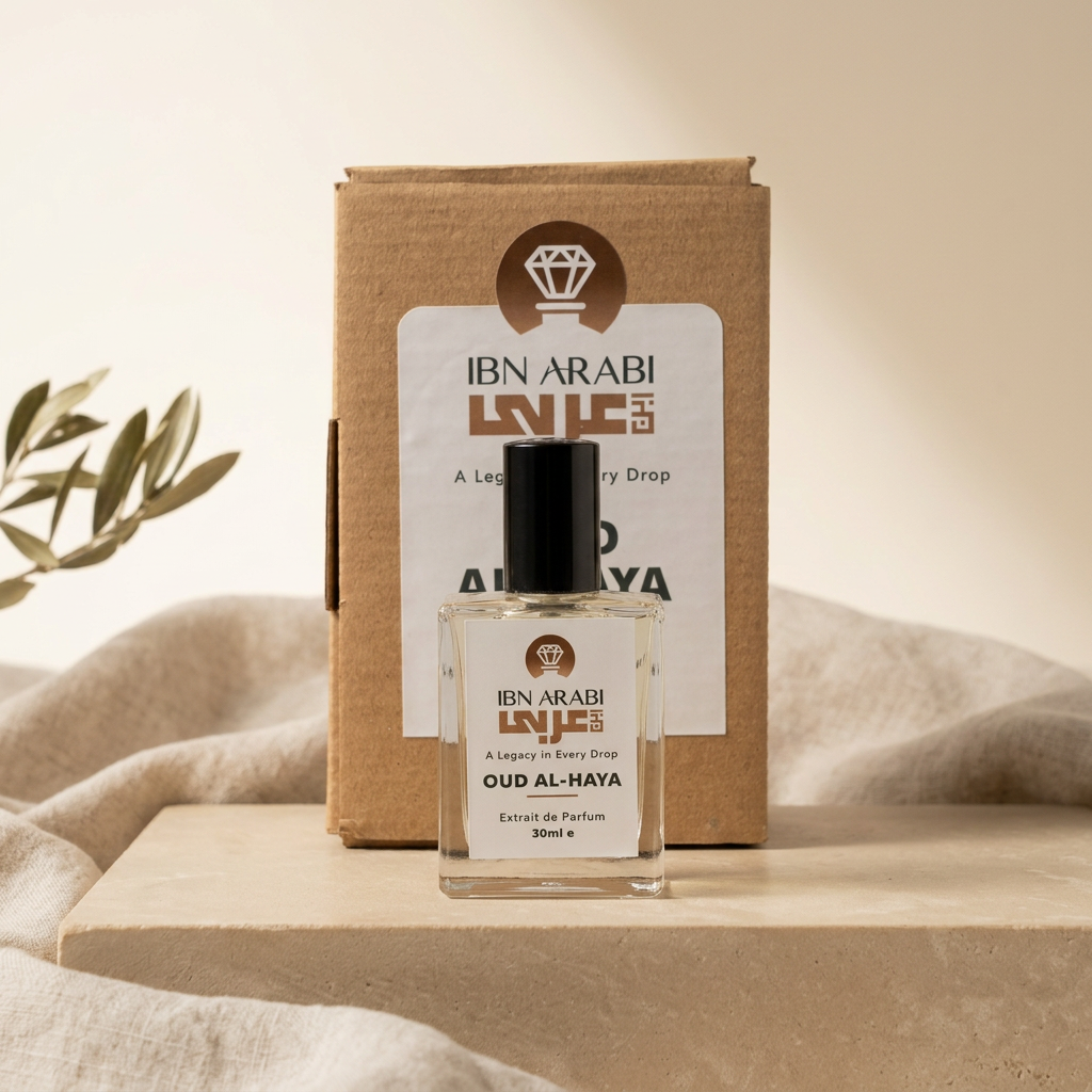 Oud al Haya by Ibn Arabi 30ml perfume bottle beside its labelled packaging box.