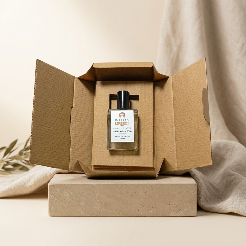 Oud al Haya by Ibn Arabi 30ml perfume bottle presented inside its open packaging box.