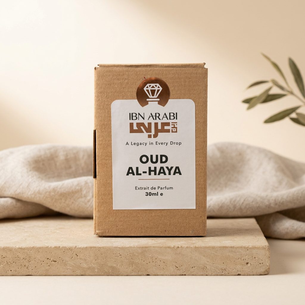 Oud al Haya by Ibn Arabi 30ml perfume packaging box, front view.