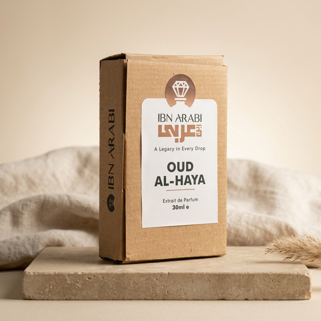 Oud al Haya by Ibn Arabi 30ml perfume packaging box, angled view.