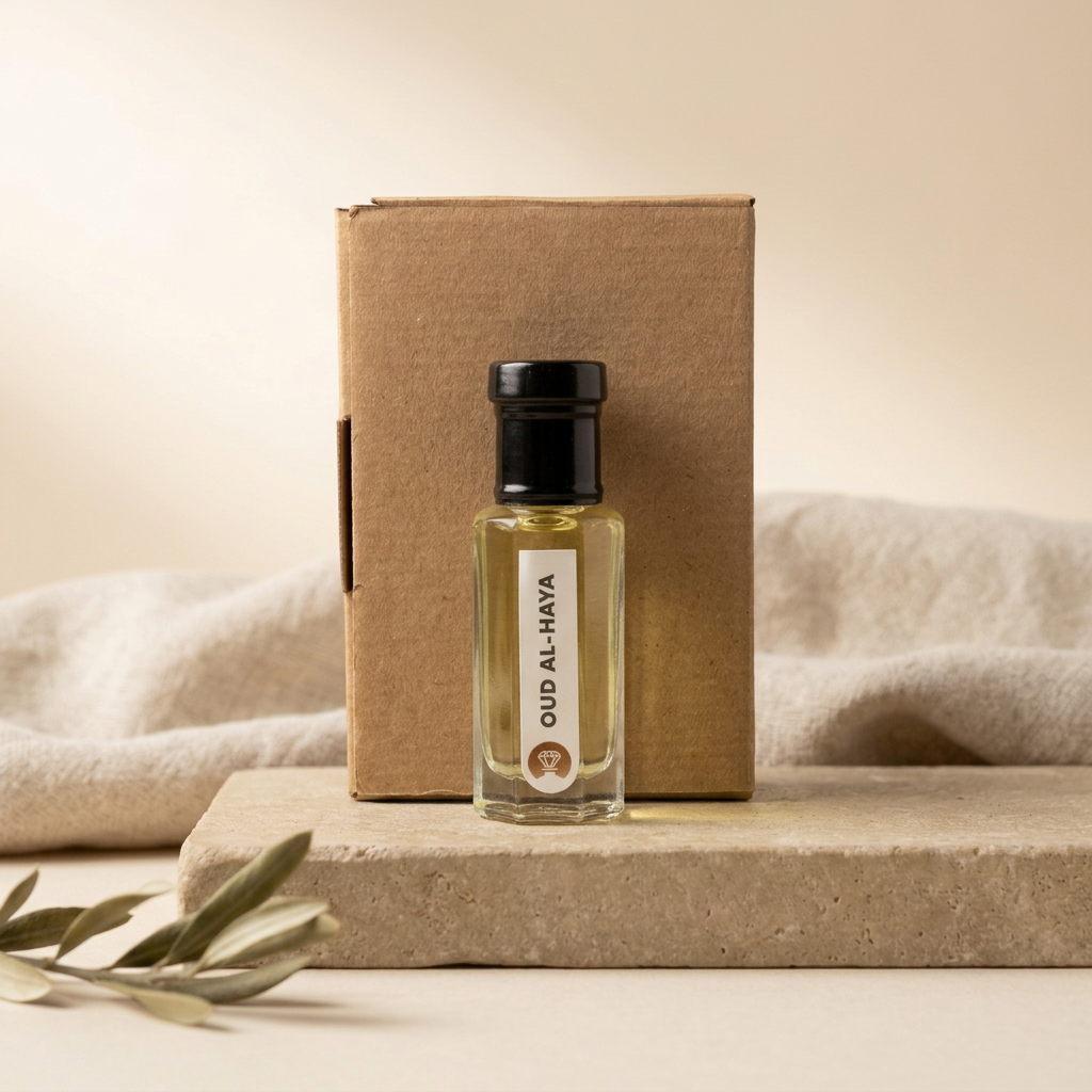 Oud al Haya by Ibn Arabi 6ml attar bottle beside its labelled packaging box.