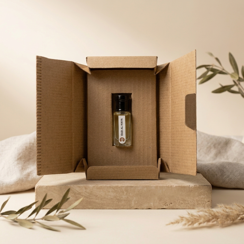 Oud al Haya by Ibn Arabi 6ml attar bottle presented inside its open packaging box.