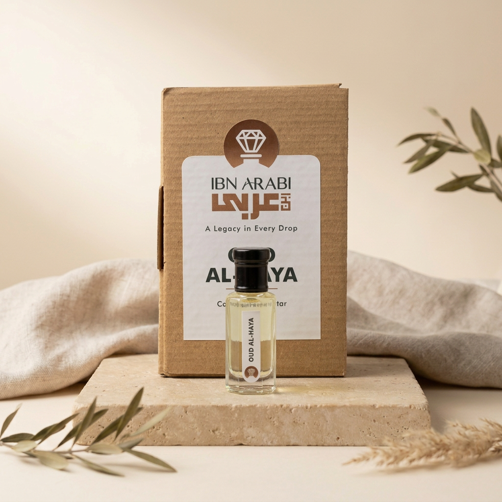 Oud al Haya by Ibn Arabi 6ml attar bottle beside its labelled packaging box.
