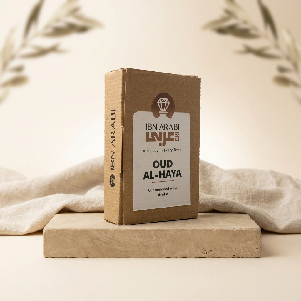 Oud al Haya by Ibn Arabi 6ml attar packaging box, angled view.