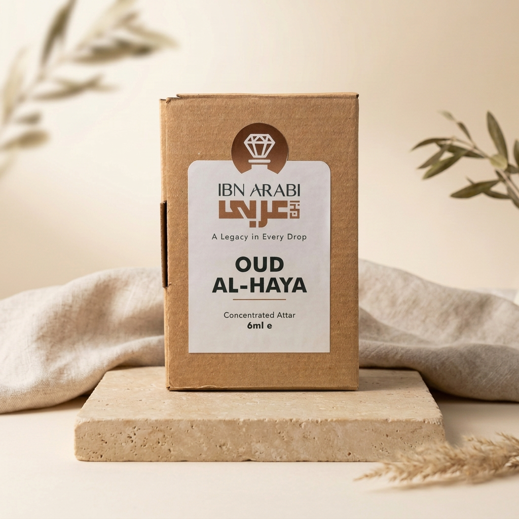 Oud al Haya by Ibn Arabi 6ml attar packaging box, front view.