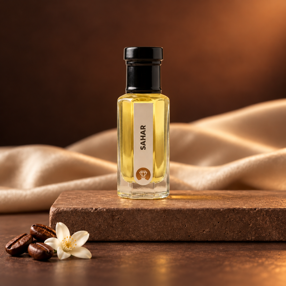 Sahar by Ibn Arabi 6ml attar bottle, front view in the espresso dusk studio setting.