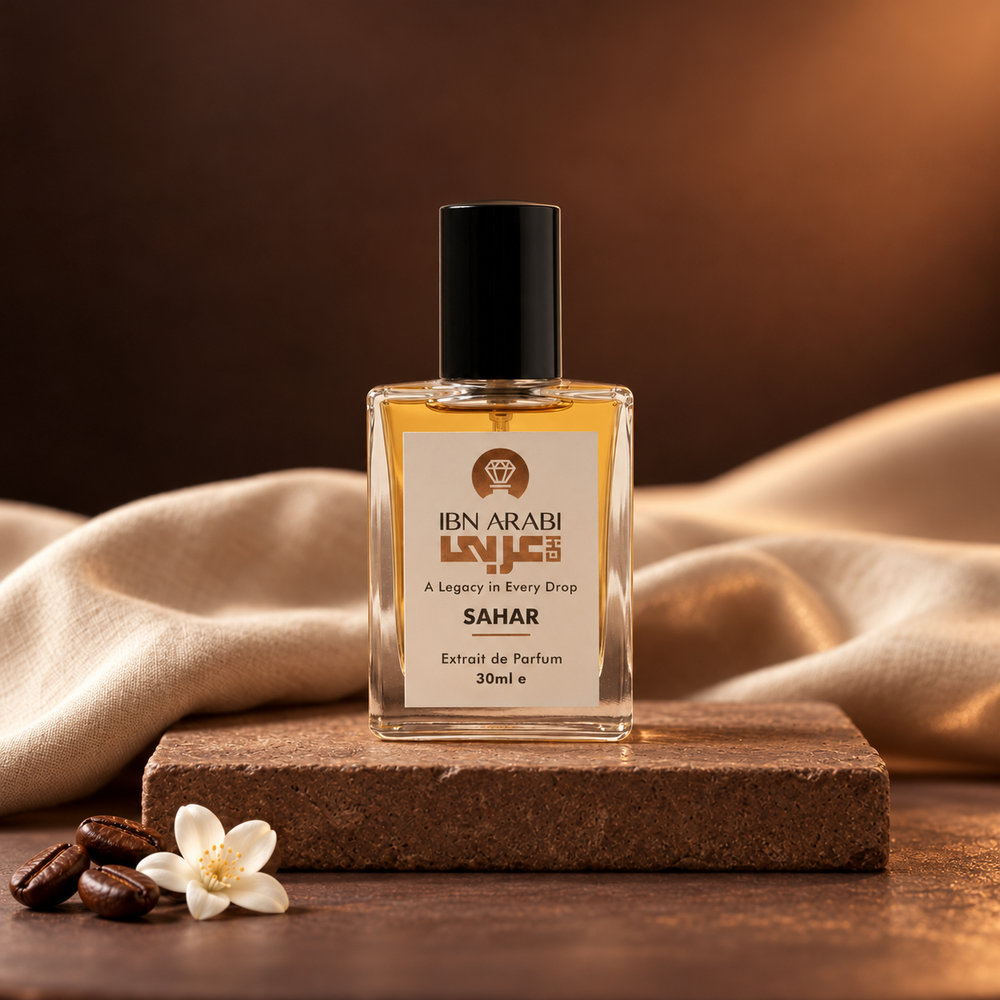 Sahar by Ibn Arabi 30ml perfume bottle, front view in the espresso dusk studio setting.
