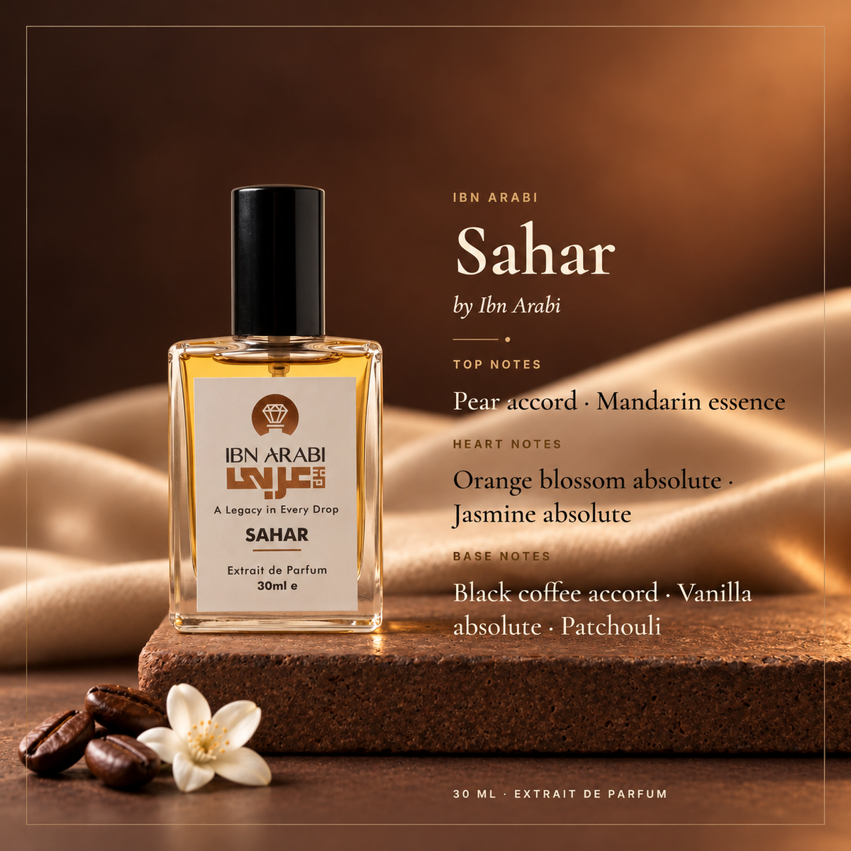 Sahar by Ibn Arabi 30ml perfume: bottle with a diagram of its fragrance notes.