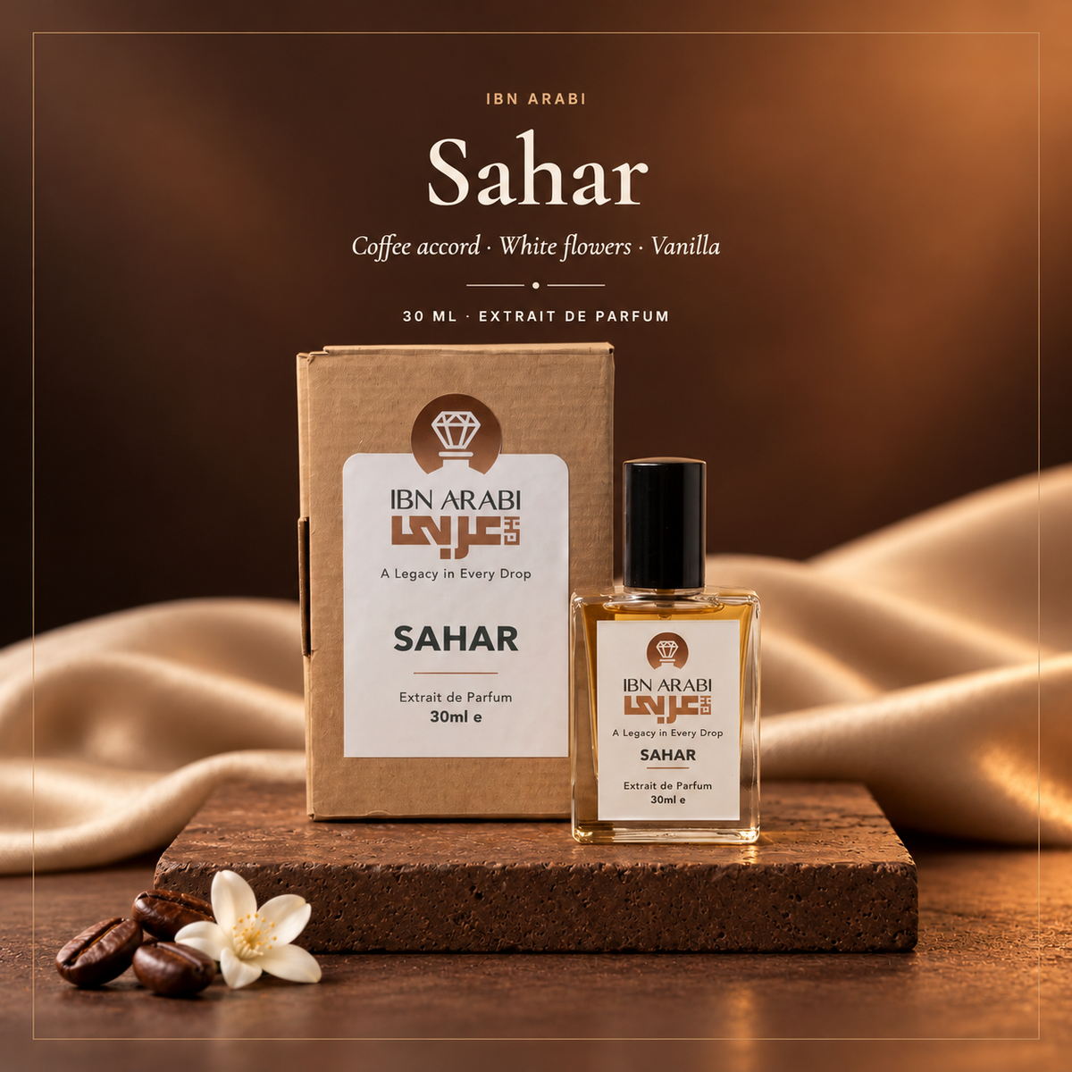 Sahar by Ibn Arabi 30ml perfume: bottle and box with fragrance name and scent highlights.