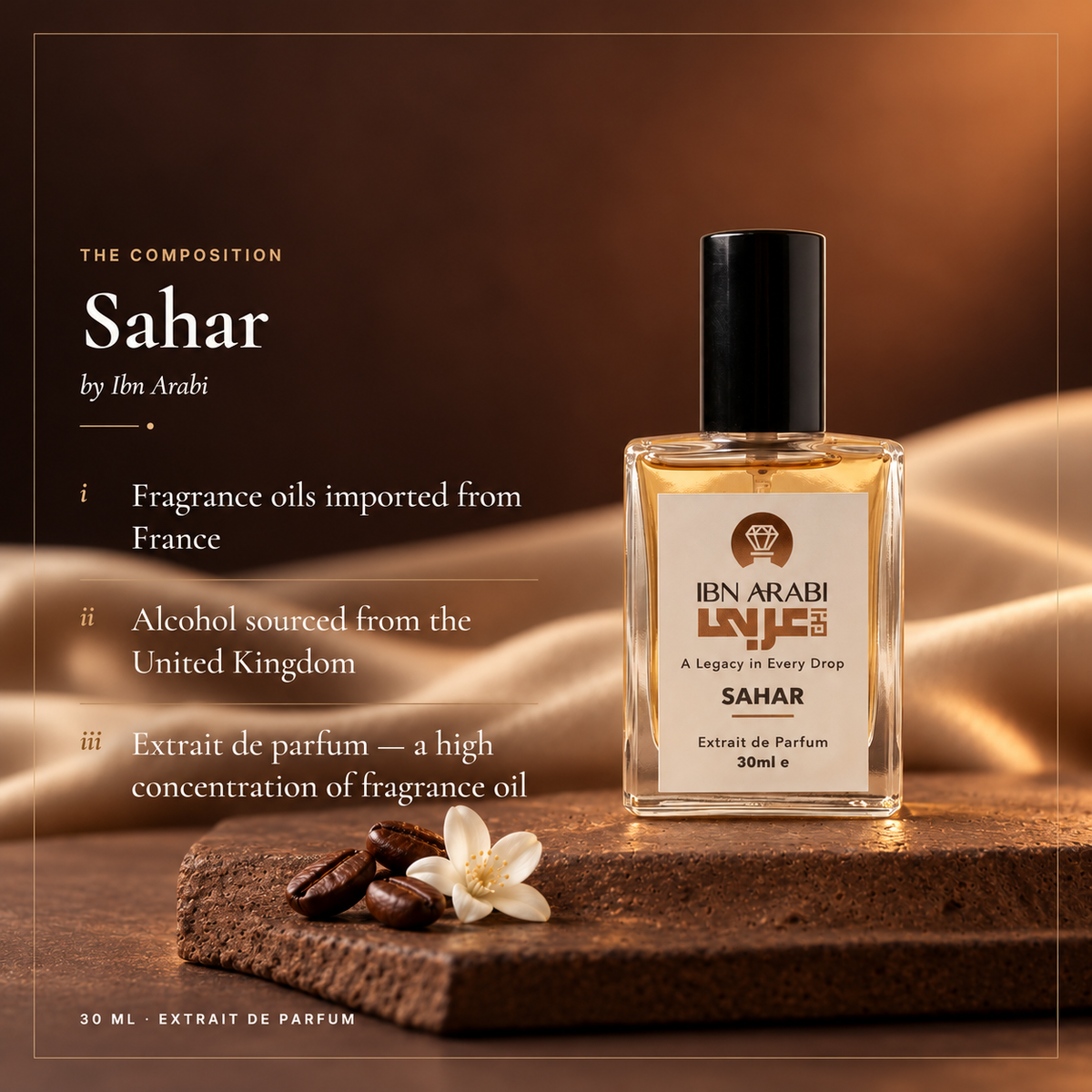 Sahar by Ibn Arabi 30ml perfume: bottle with fragrance-oil and alcohol sourcing details.