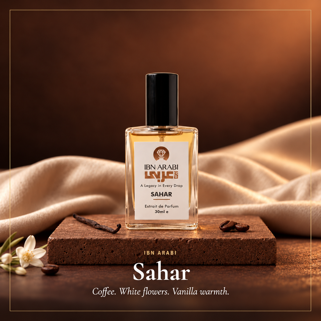 Sahar by Ibn Arabi 30ml perfume: bottle with coffee, white flowers and vanilla scent highlights.