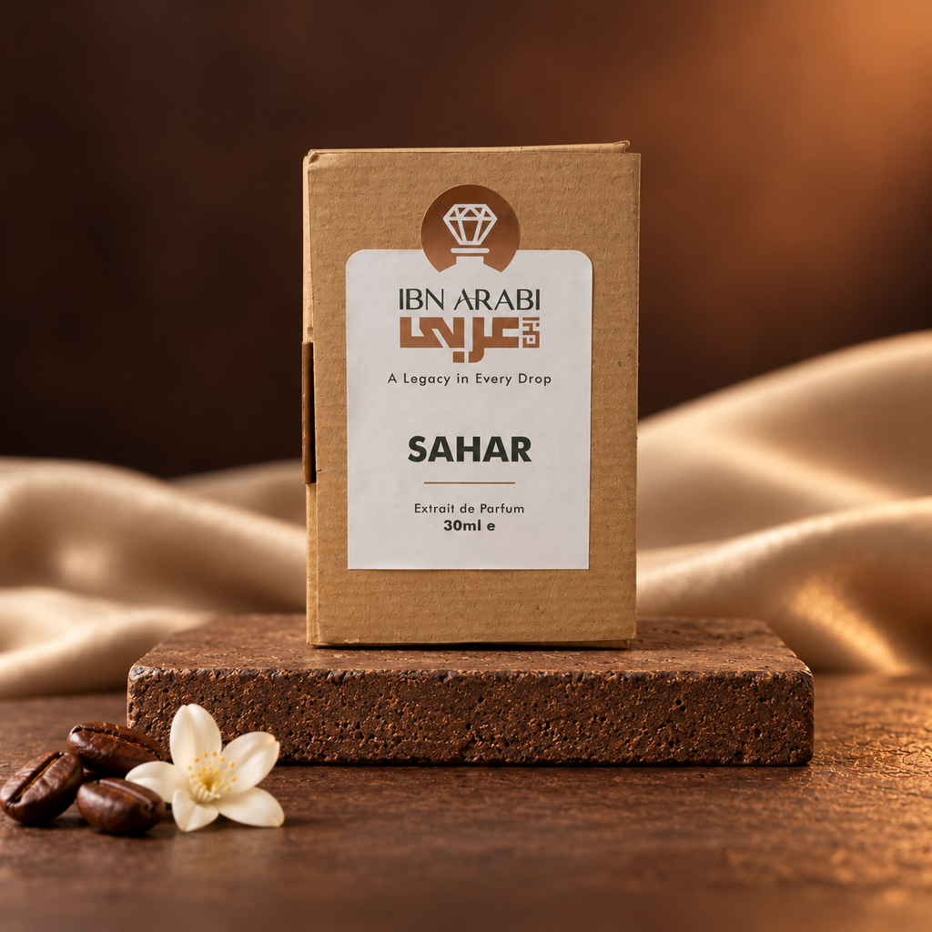 Sahar by Ibn Arabi 30ml perfume packaging box, front view.