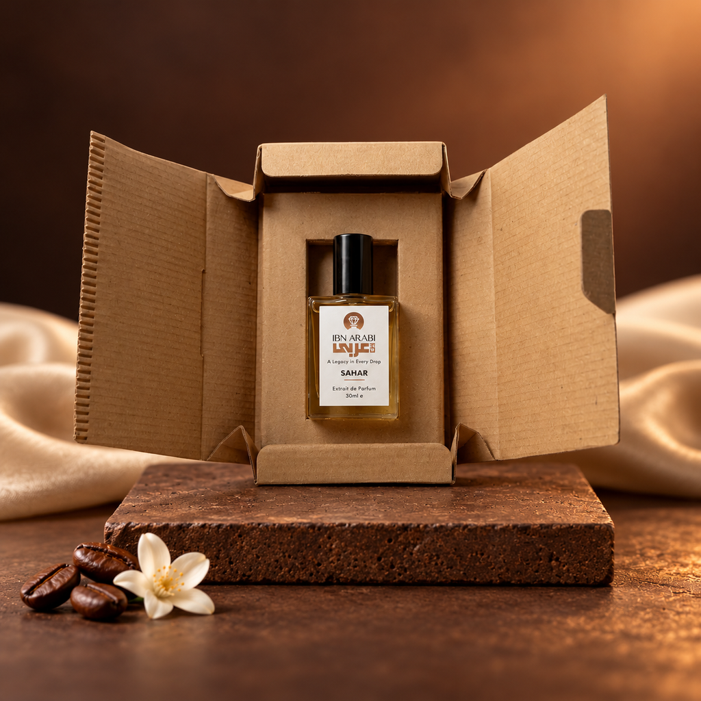 Sahar by Ibn Arabi 30ml perfume bottle presented inside its open packaging box.