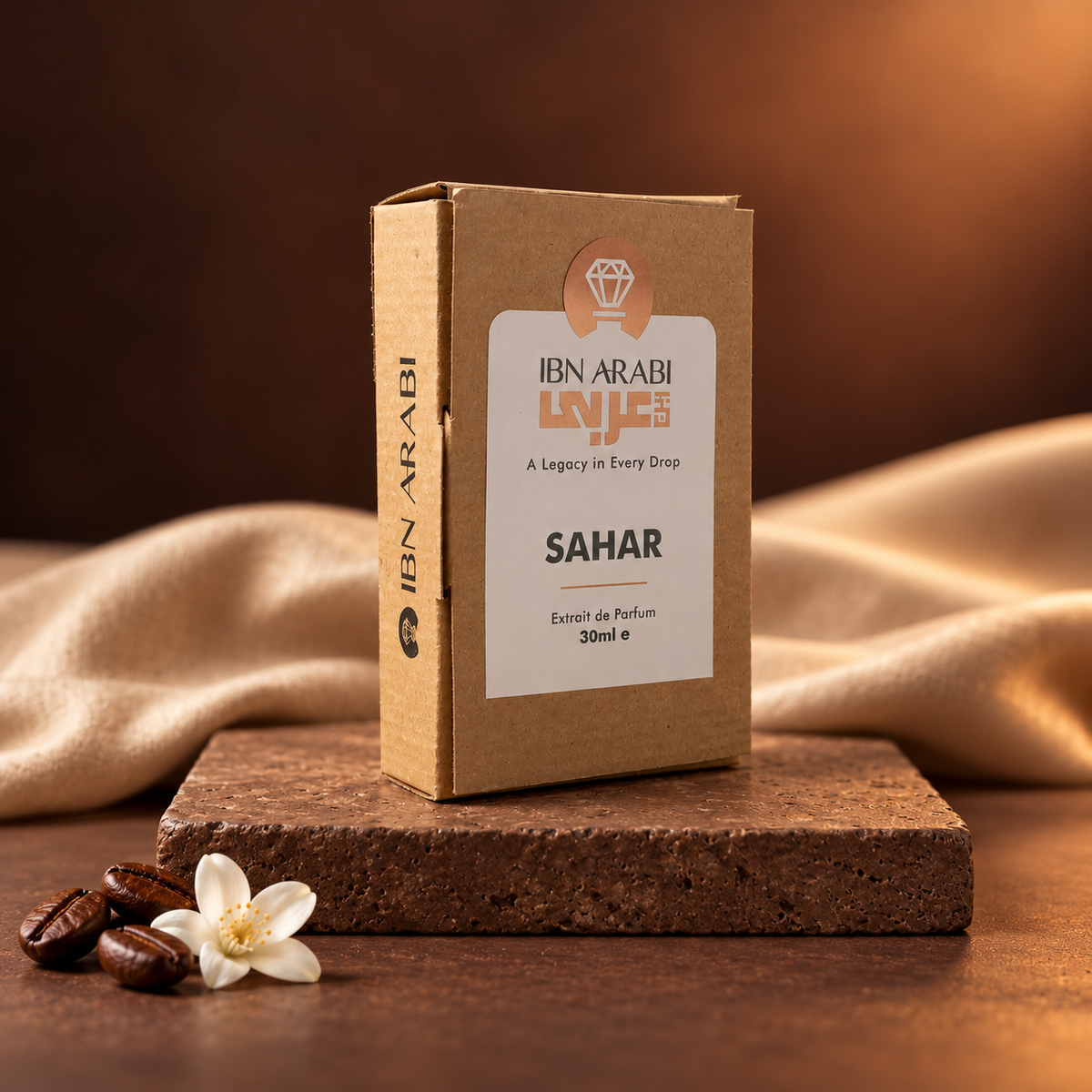 Sahar by Ibn Arabi 30ml perfume packaging box, angled view.