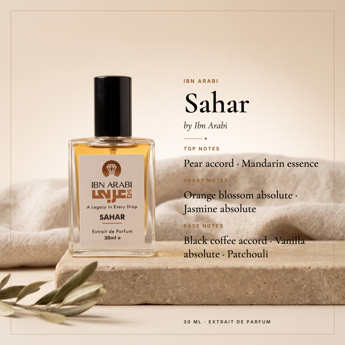 Sahar by Ibn Arabi 30ml perfume: bottle with a diagram of its fragrance notes.