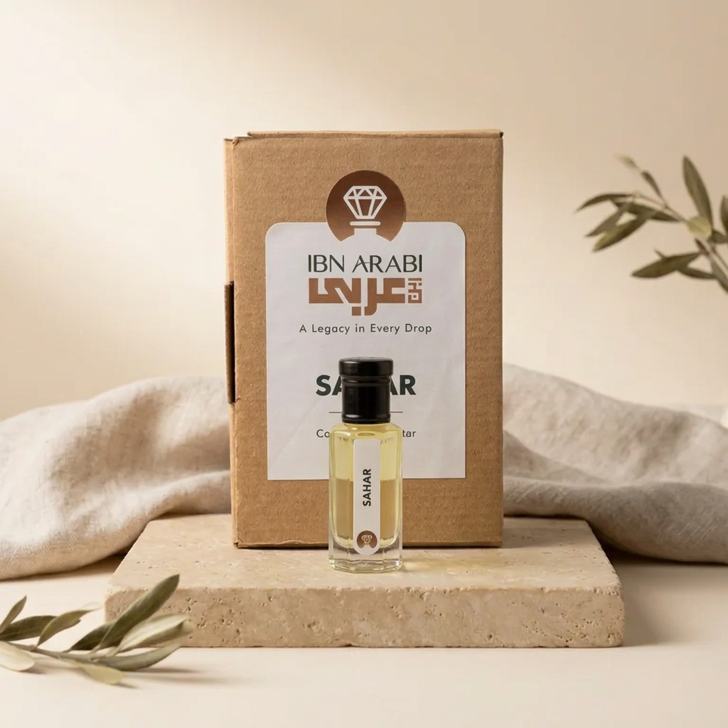 Sahar by Ibn Arabi 6ml attar bottle beside its labelled packaging box.