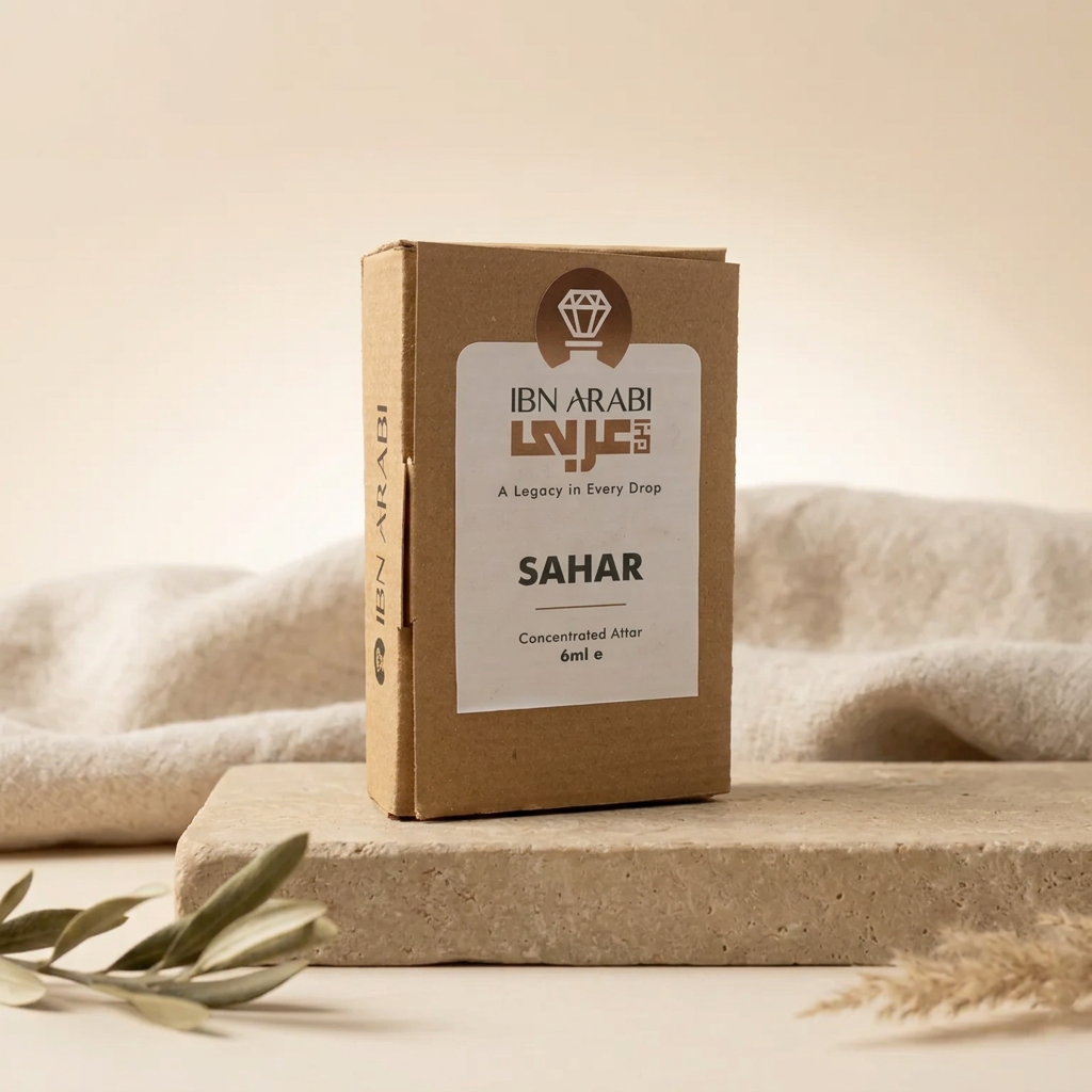 Sahar by Ibn Arabi 6ml attar packaging box, angled view.
