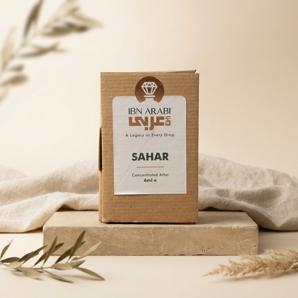 Sahar by Ibn Arabi 6ml attar packaging box, front view.