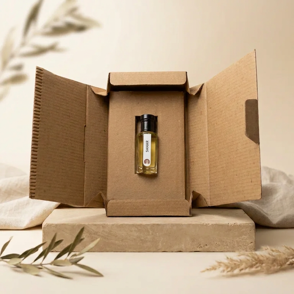 Sahar by Ibn Arabi 6ml attar bottle presented inside its open packaging box.