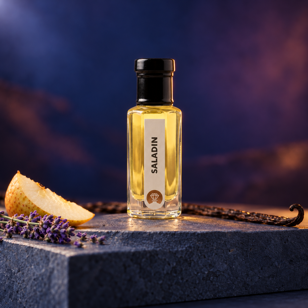 Saladin by Ibn Arabi 6ml attar bottle, front view in the midnight pear studio setting.