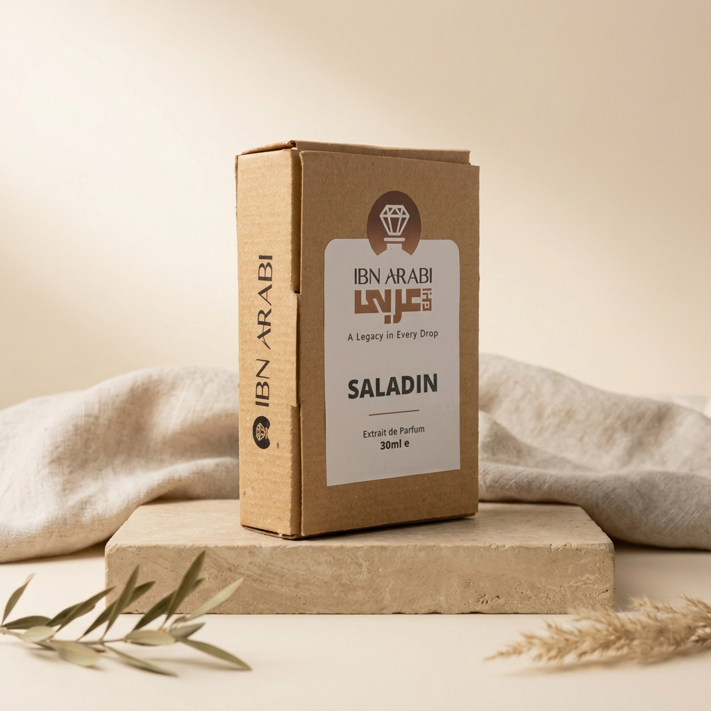 Saladin by Ibn Arabi 30ml perfume packaging box, angled view.