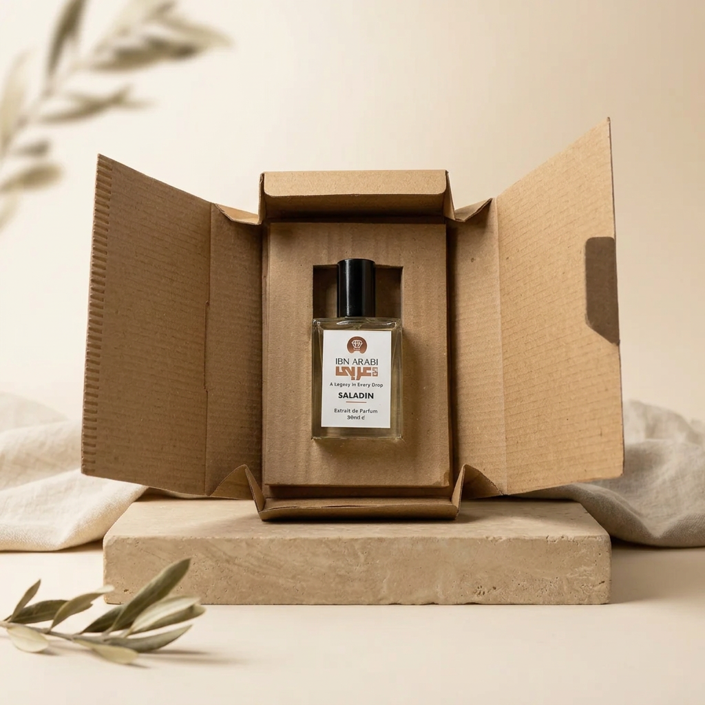 Saladin by Ibn Arabi 30ml perfume bottle presented inside its open packaging box.