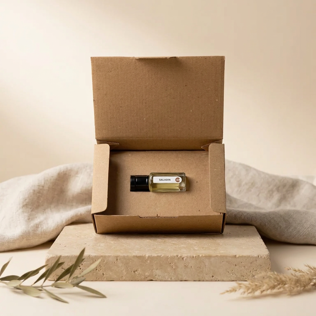 Saladin by Ibn Arabi 6ml attar bottle presented inside its open packaging box.
