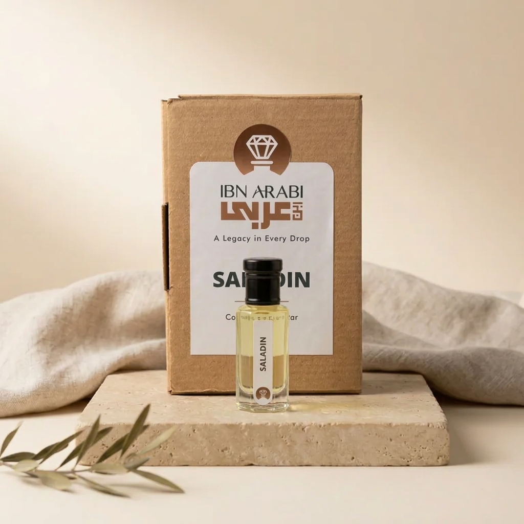 Saladin by Ibn Arabi 6ml attar bottle beside its labelled packaging box.