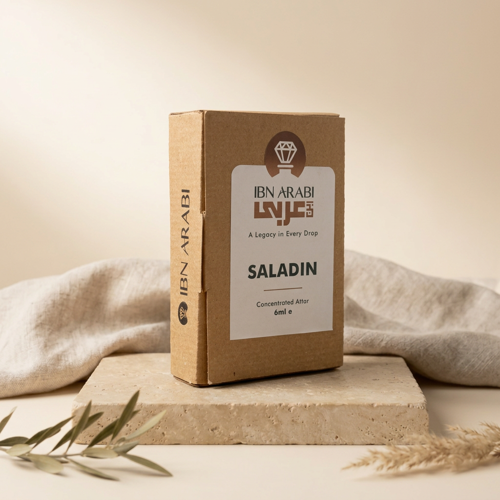 Saladin by Ibn Arabi 6ml attar packaging box, angled view.