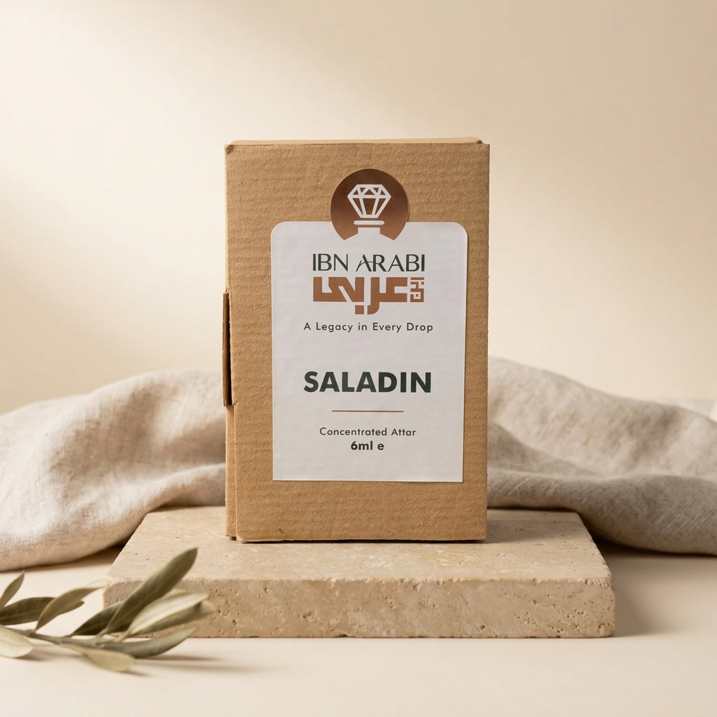 Saladin by Ibn Arabi 6ml attar packaging box, front view.