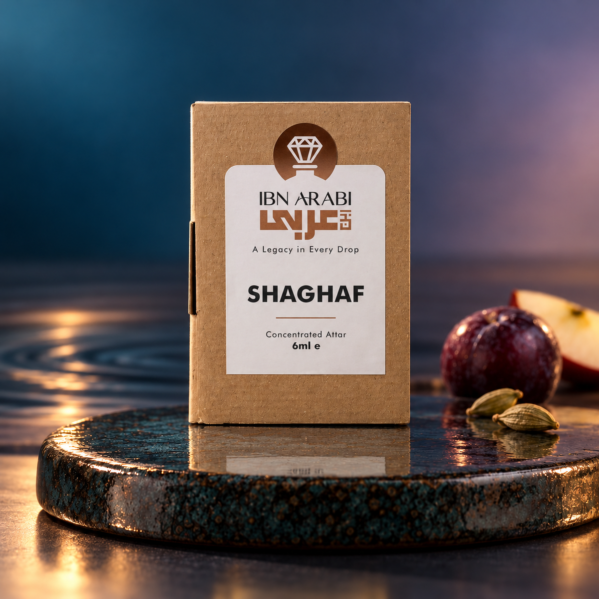 Shaghaf by Ibn Arabi 6ml attar packaging box, front view.