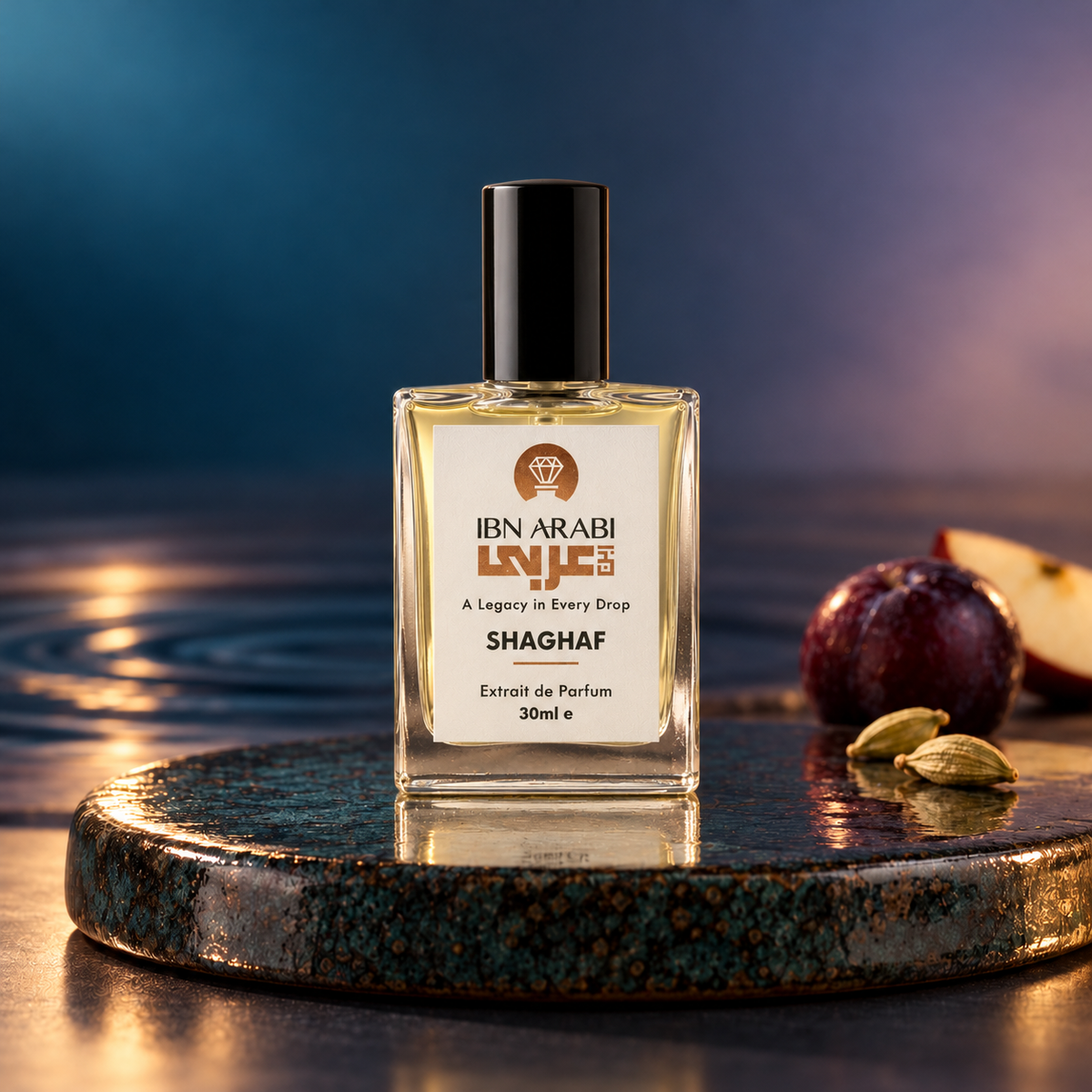 Shaghaf by Ibn Arabi 30ml perfume bottle, front view in the teal-water twilight studio setting.