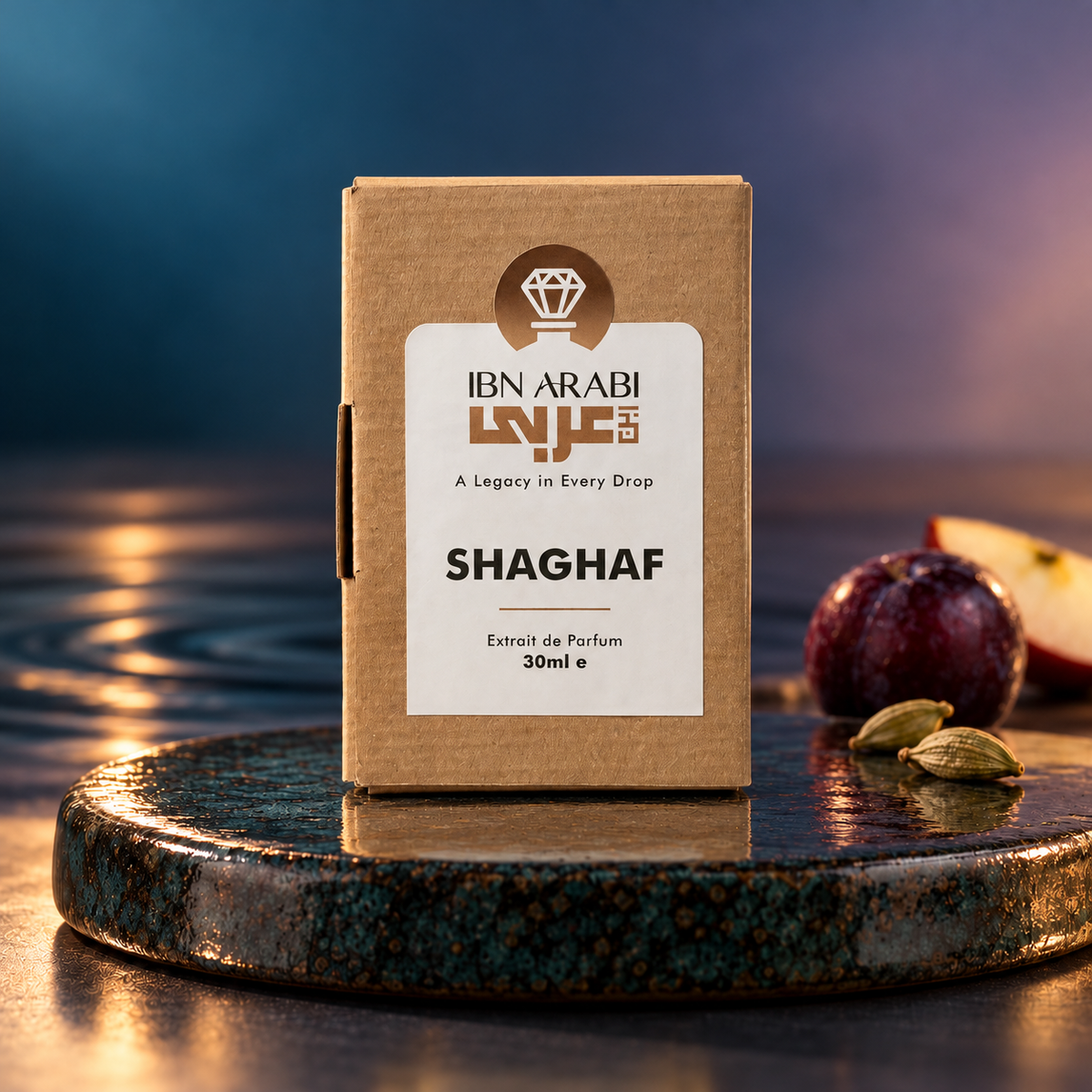 Shaghaf by Ibn Arabi 30ml perfume packaging box, front view.