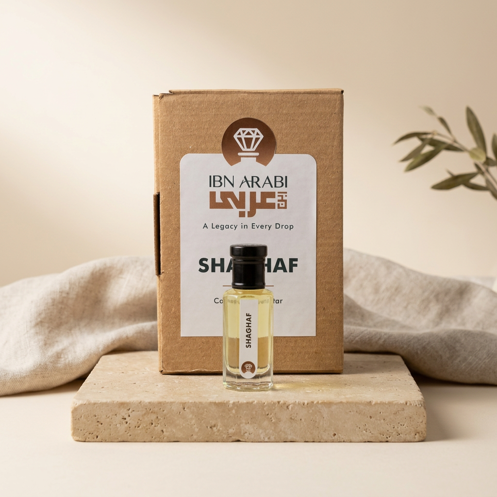 Shaghaf by Ibn Arabi 12ml attar bottle beside its labelled packaging box.