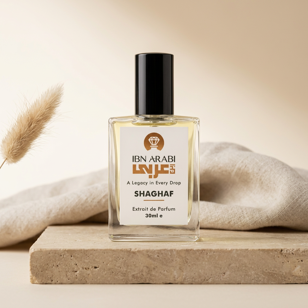 Shaghaf by Ibn Arabi 30ml perfume bottle, front view on a stone display.