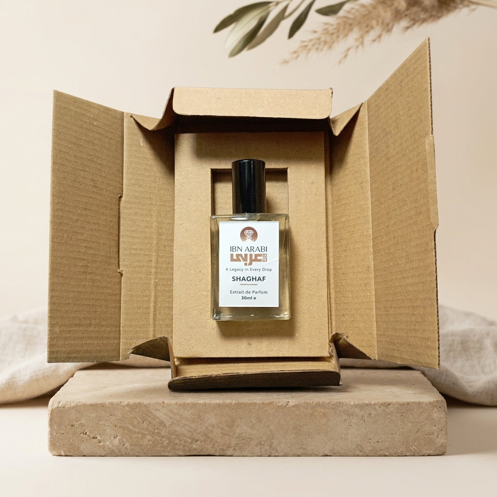 Shaghaf by Ibn Arabi 30ml perfume bottle presented inside its open packaging box.