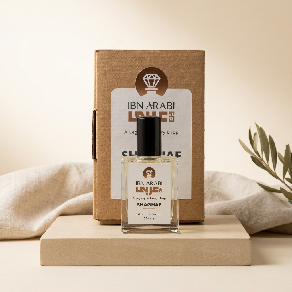 Shaghaf by Ibn Arabi 30ml perfume bottle beside its labelled packaging box.
