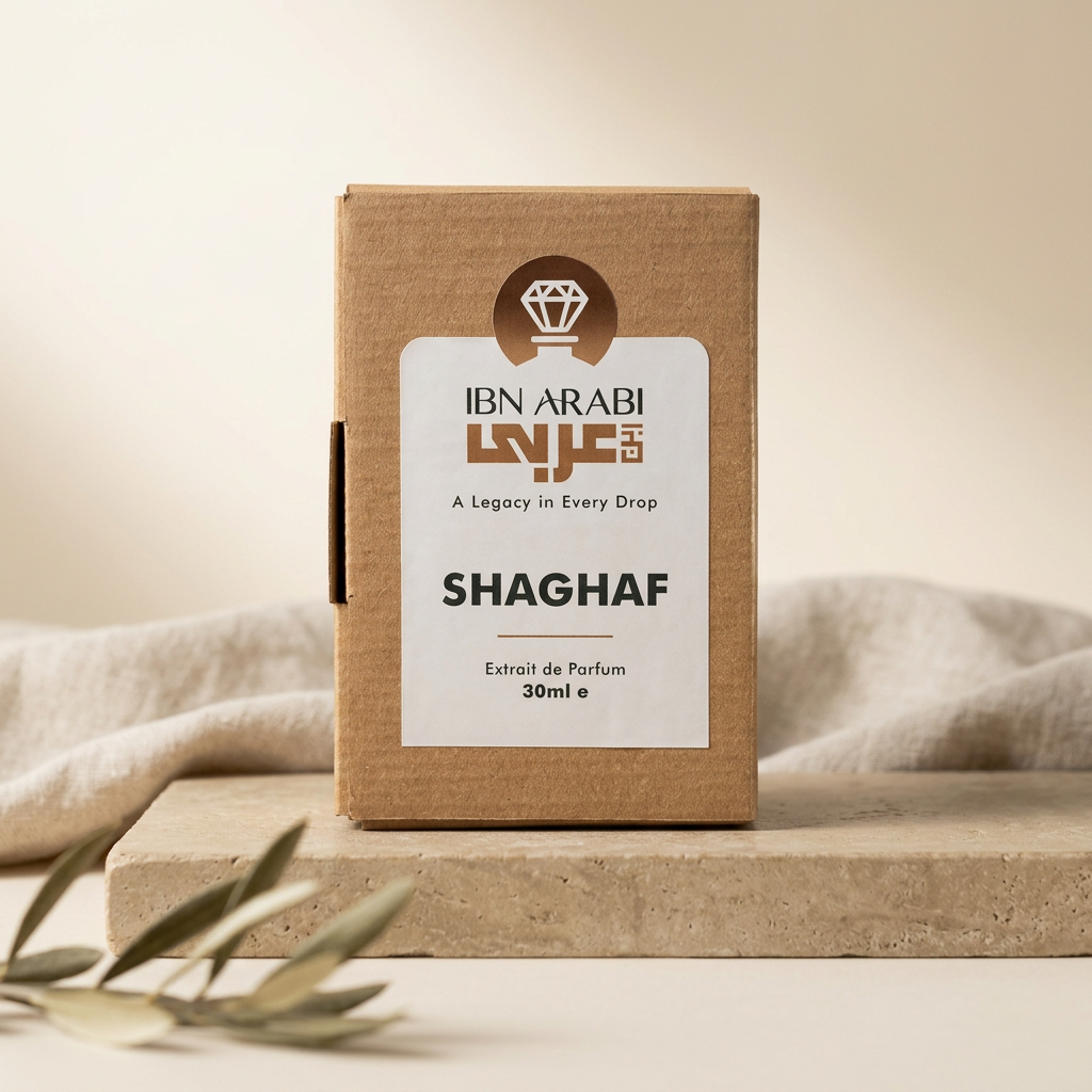 Shaghaf by Ibn Arabi 30ml perfume packaging box, front view.