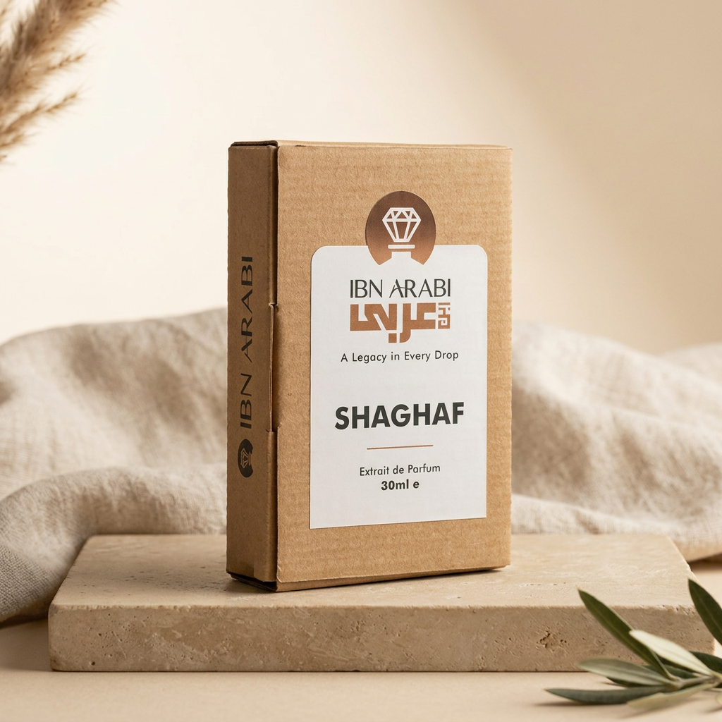Shaghaf by Ibn Arabi 30ml perfume packaging box, angled view.