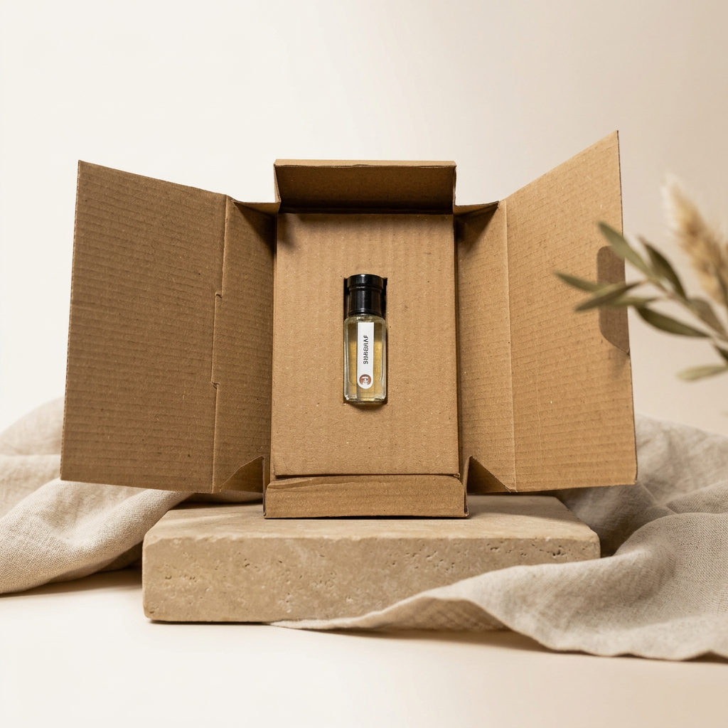 Shaghaf by Ibn Arabi 6ml attar bottle presented inside its open packaging box.