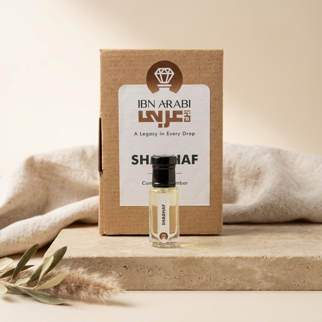 Shaghaf by Ibn Arabi 6ml attar bottle beside its labelled packaging box.