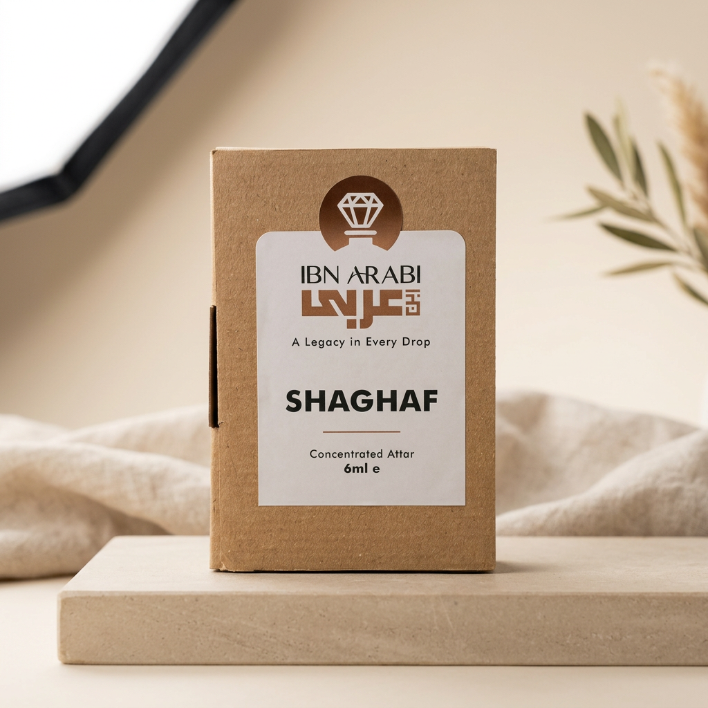 Shaghaf by Ibn Arabi 6ml attar packaging box, front view.