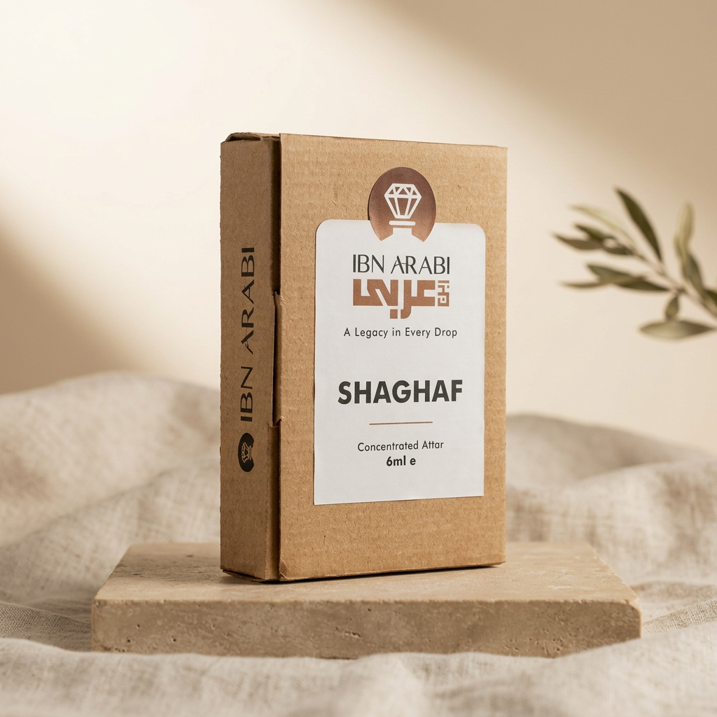 Shaghaf by Ibn Arabi 6ml attar packaging box, angled view.